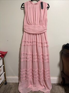 Lulu’s Enchantingly Sweet Blush Pink Chiffon Backless Maxi Dress Size XL